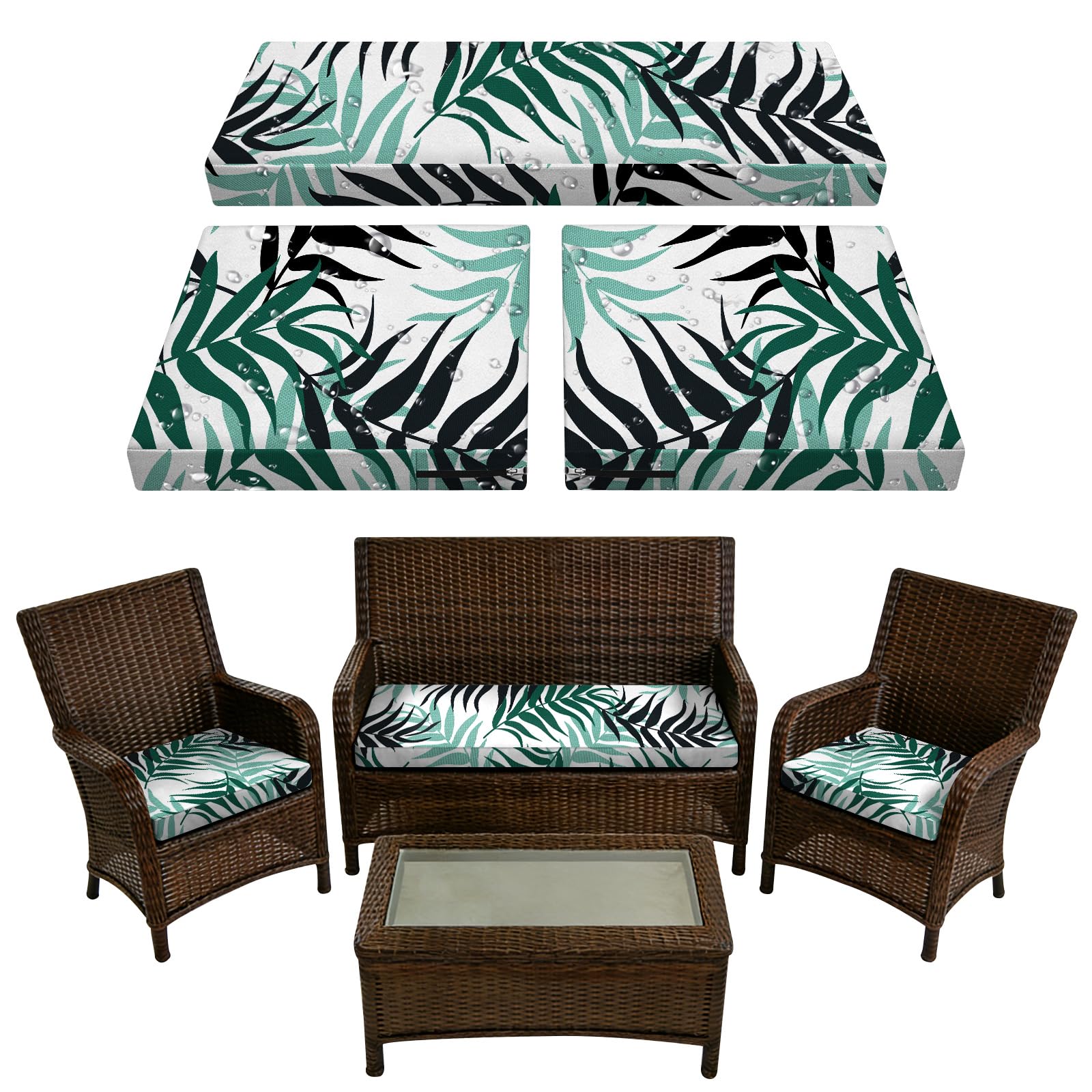 SYLC Set of 3 Garden Outdoor Cushion Covers, Waterproof Sofa Seat Covers with Zip, Seat Covers for Living Room Patio (Green Leaf, 2 x 50 x 5 cm + 1 x 107 x 46 x 8 cm) - 1