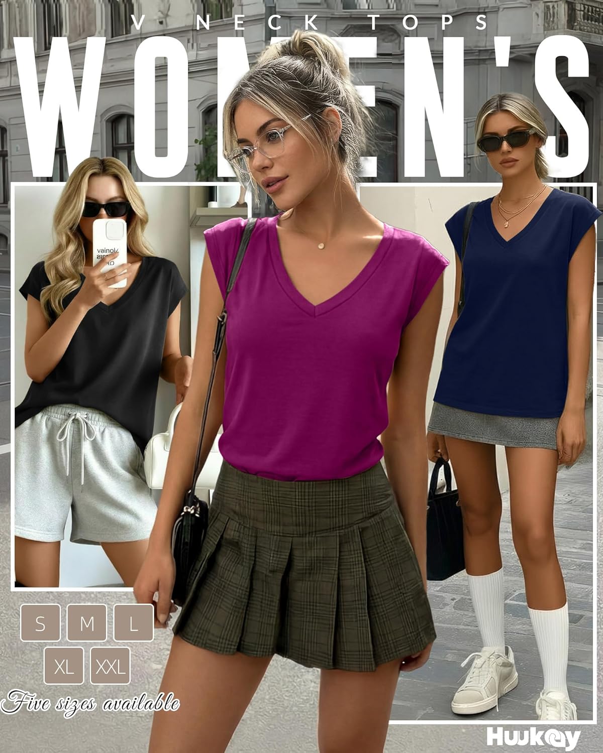 Huukeay 3 Pack Women’s V Neck T Shirts, Cap Sleeve Summer Casual Tops Loose Fit Short Sleeve Tees 2025 Trendy Shirts - Image 3