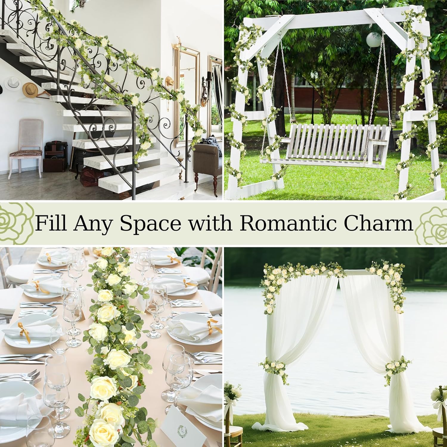 Lewondr Artificial Eucalyptus Garland with Flower, 2Pack 13FT Faux Floral Greenery Garlands Fake Flowers Vines, Maintenance-Free for Wedding Table Backdrop Party Centerpiece Room Decor, Champagne - Image 7