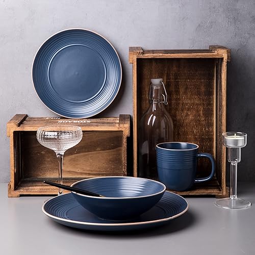 Miniatura 3 de Arora RINGAR 428051 - Juego de 4 vajilla redonda de cerámica, platos llanos, platos laterales, cuencos para cereales, tazas, color azul mate moteado