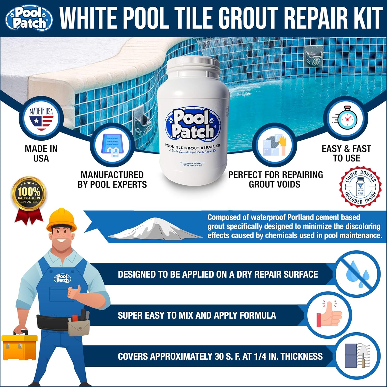 Pool Patch White Pool Tile Grout Repair Kit, 10-Pound, White