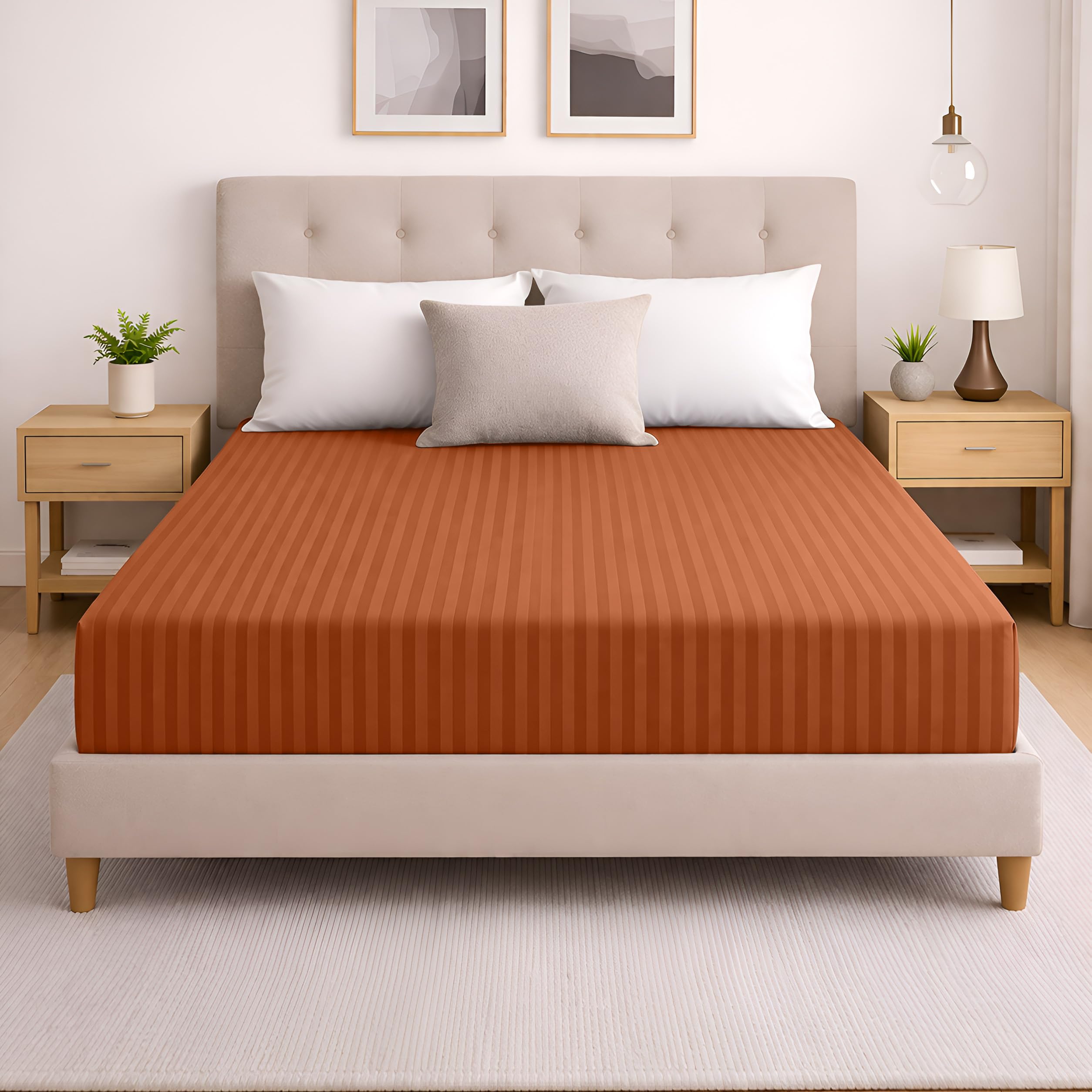 Moonlight20015 Rust Double Fitted Sheet 40Cm Extra Deep Pocket Bed Sheets With Satin Stripes Elastic Corners Soft Brushed Microfiber Breathable & Fade-Resistant & Shrinkage Bedsheets