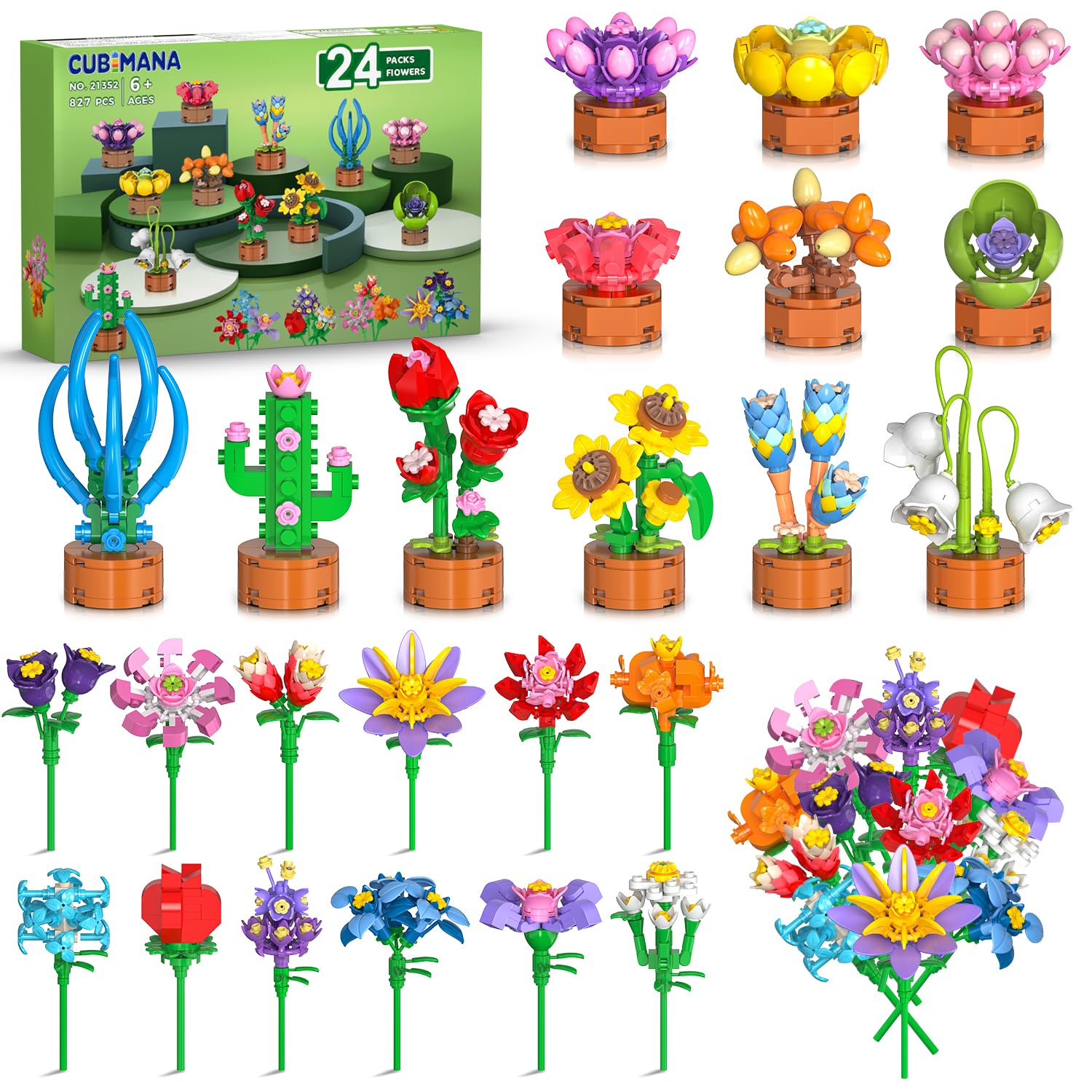 24 Pack Valentines Day Flowers Party Favors for Kids Building Set - 827PCS Botanicals Succulent 3.6MM Mini Building Blocks Toy for Classroom Prizes