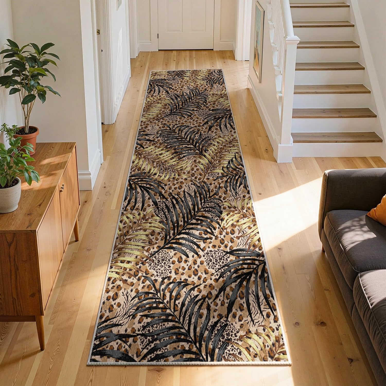 RICAUOU Tropical Palm Leaf Runner Rug, 120x300cm Retro Country Style Leopard Print Wildlife Stripe Design Indoor Soft Low-Pile Laundry Room Carpet, Non-Slip Washable Hallway Rugs for Lobby, Dormitory โ image 1
