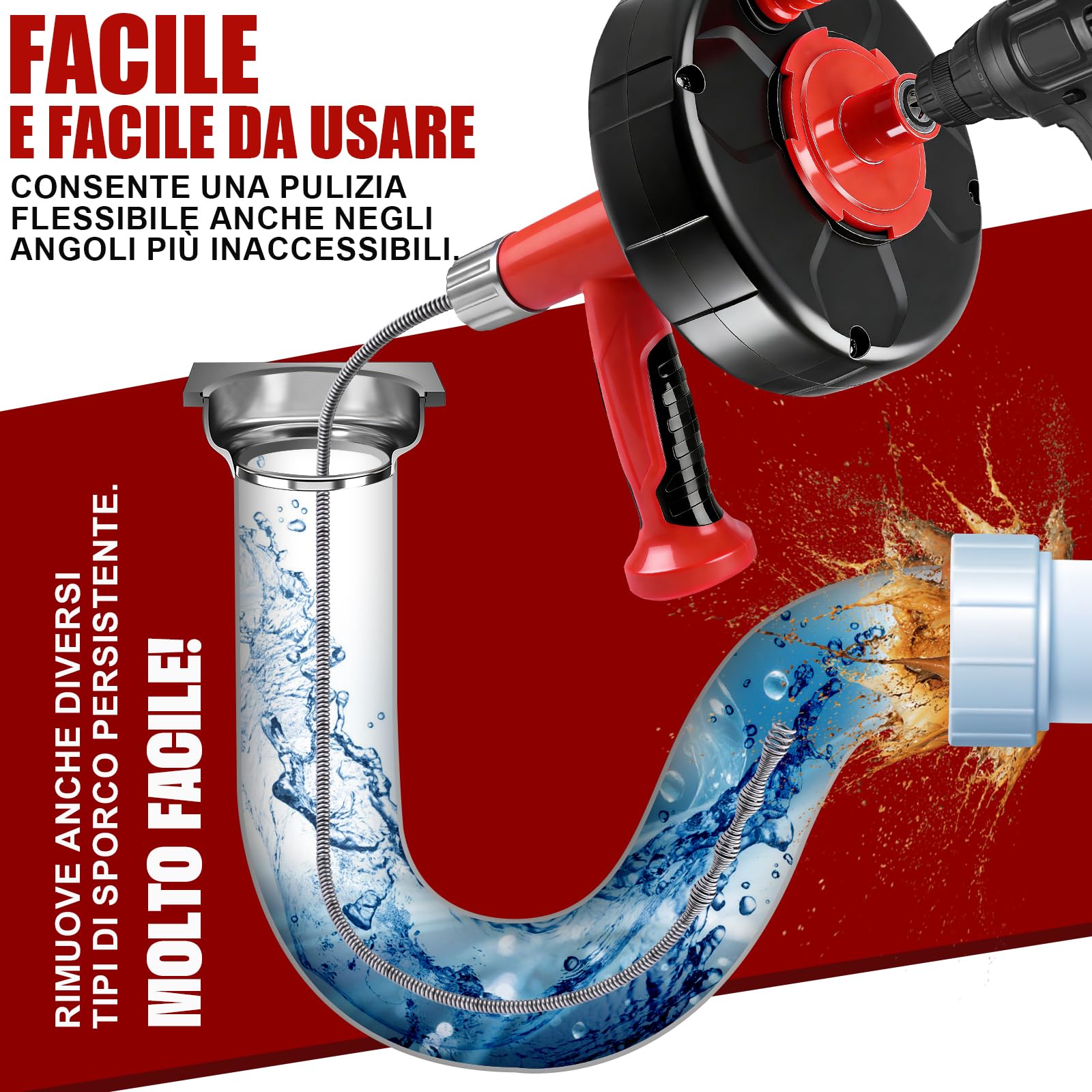 XIIW Sonda Sturatubi 2 in 1 Manuale/Elettrico | Spirale 9.5m | Adattatore per Trapano | Pulitore Scarichi per Lavandini, Box Doccia, Cucina e Pavimento – Include Guanti, Occhiali, Borsa Trasporto | Spulitore a spirale per scarichi intasati, ecologico, a s