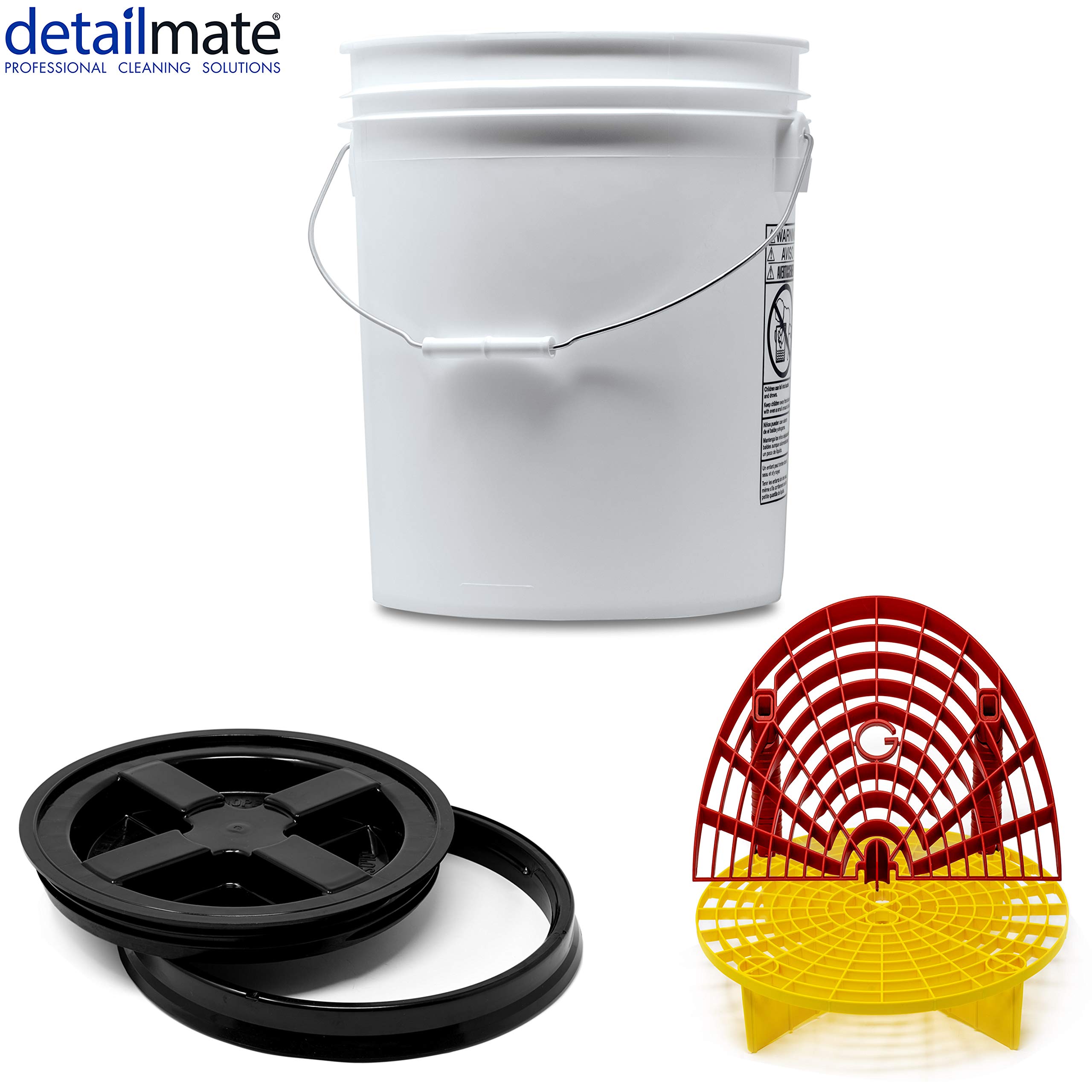 Detailmate professionelles Wasch Eimer Set: Magic Bucket Wascheimer 5 GAL (ca. 20 Liter), Gamma Seal Eimerdeckel schwarz, GritGuard Schmutz Einsatz gelb, GritGuard Washboard rot