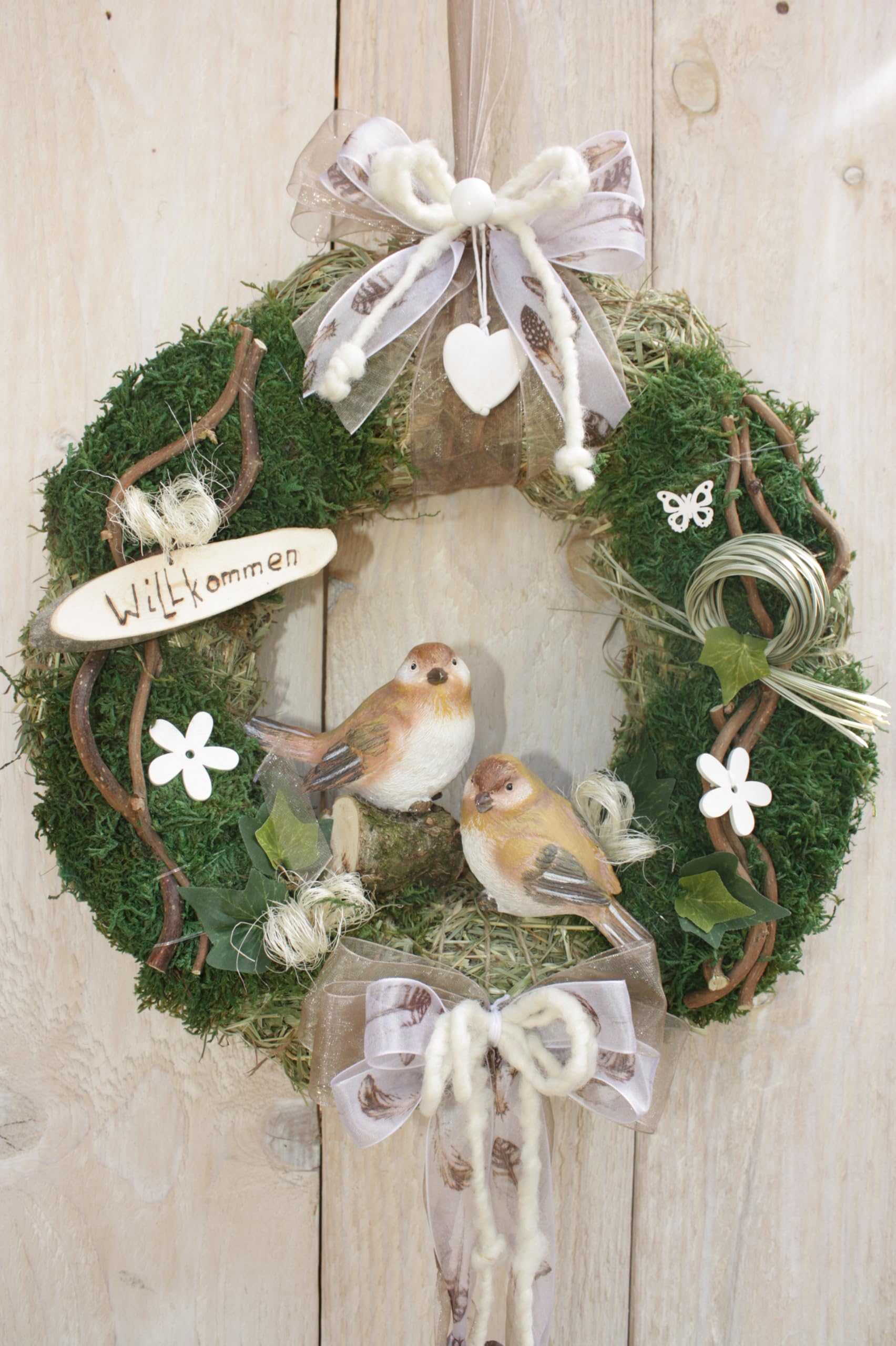 Türkranz D32 cm Sommer mit Zwei Vögel, Taupe weiß | für Tür und Wand, Handgefertigt in Deutschland, Mit Schleife und Willkommen-Schild