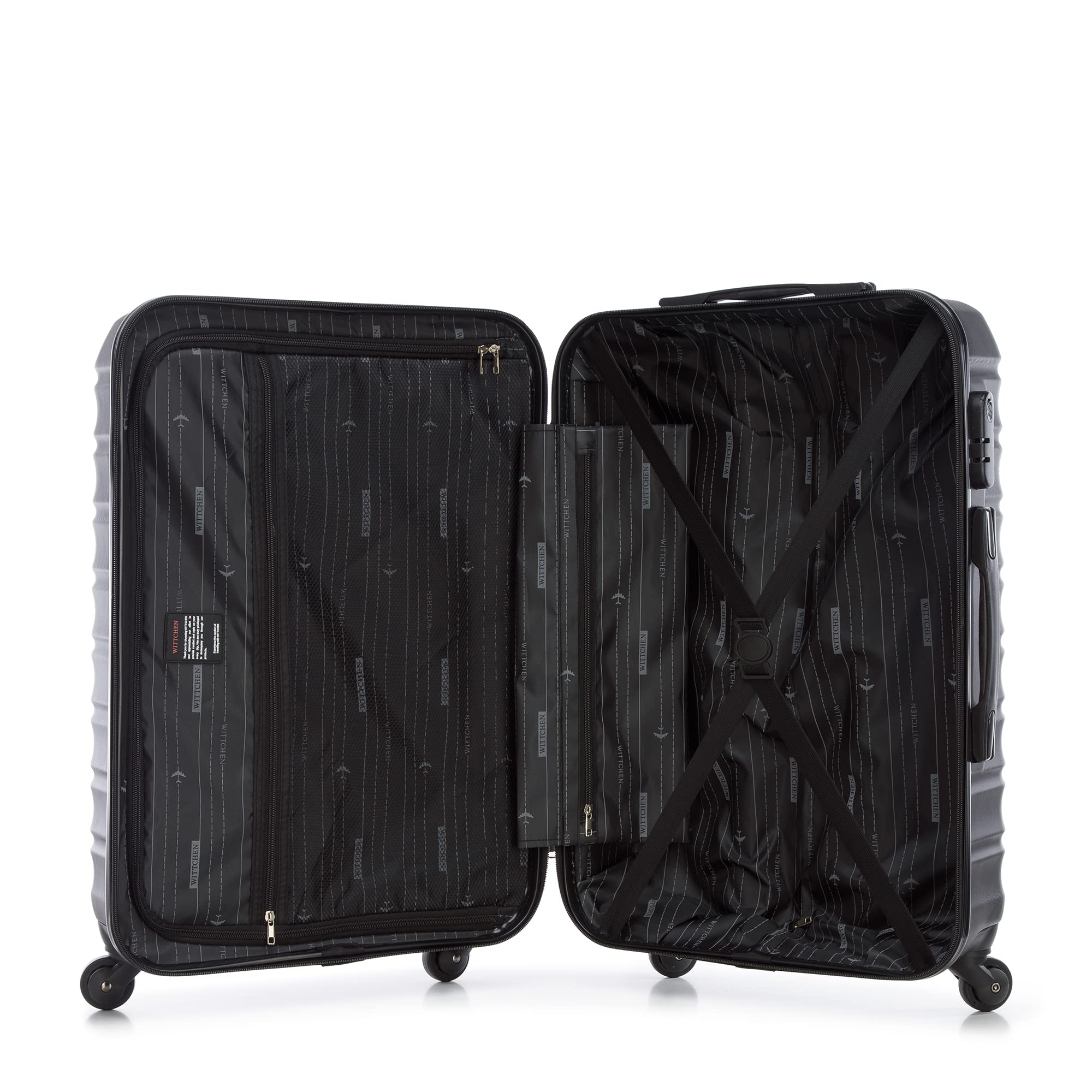 WITTCHEN Valigia da viaggio Bagaglio a mano Valigia da cabina Valigia rigida in ABS con 4 ruote girevoli Serratura a combinazione Maniglia telescopica GROOVE Line Set di 3 valigie Nero