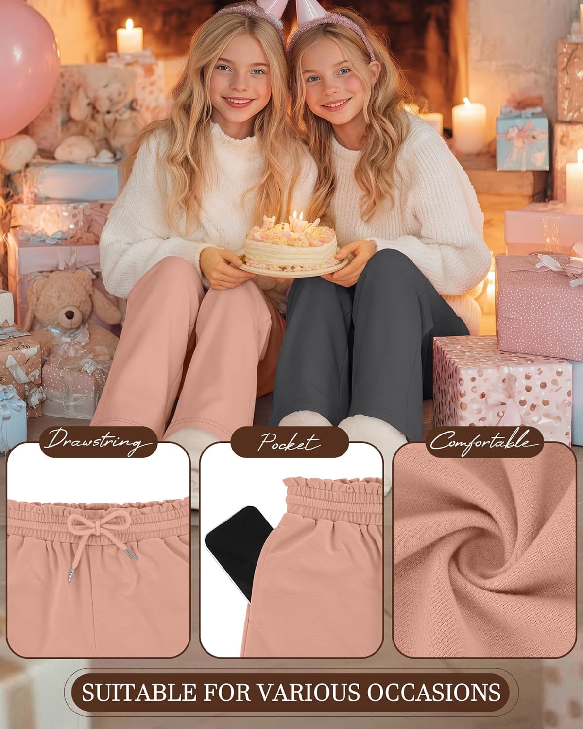 3 Pack Girls' Sweatpants Straight Wide Leg Kids Drawstring Casual Joggers Teen Loose Athletic Pants with Pockets - Image 6