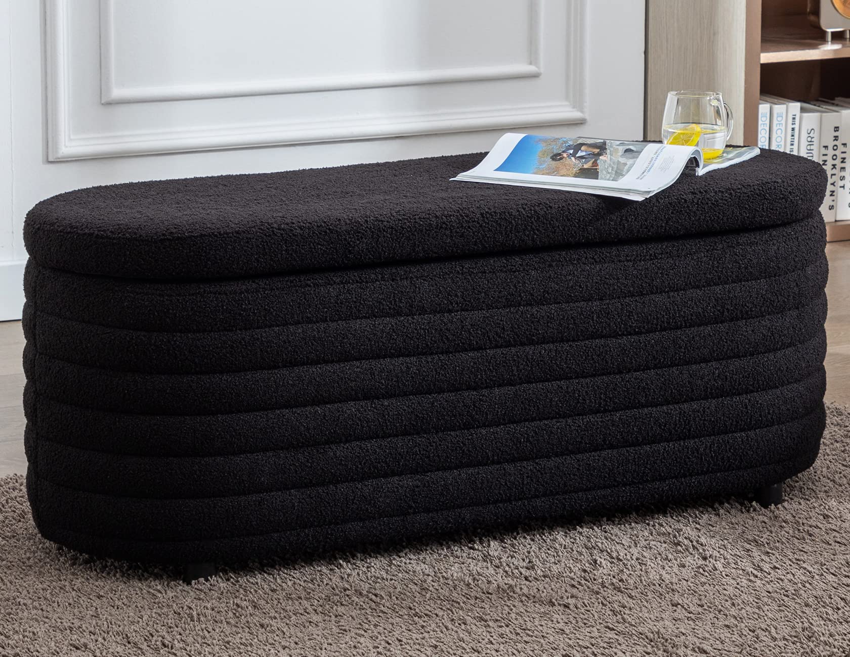 LZAREAL 45.5 Inch Storage Ottoman Bench Upholstered Faux Fur Bedroom Benches for Living Room/Bedroom & Hallway, Tufted Foot of Bed Bench Footrest