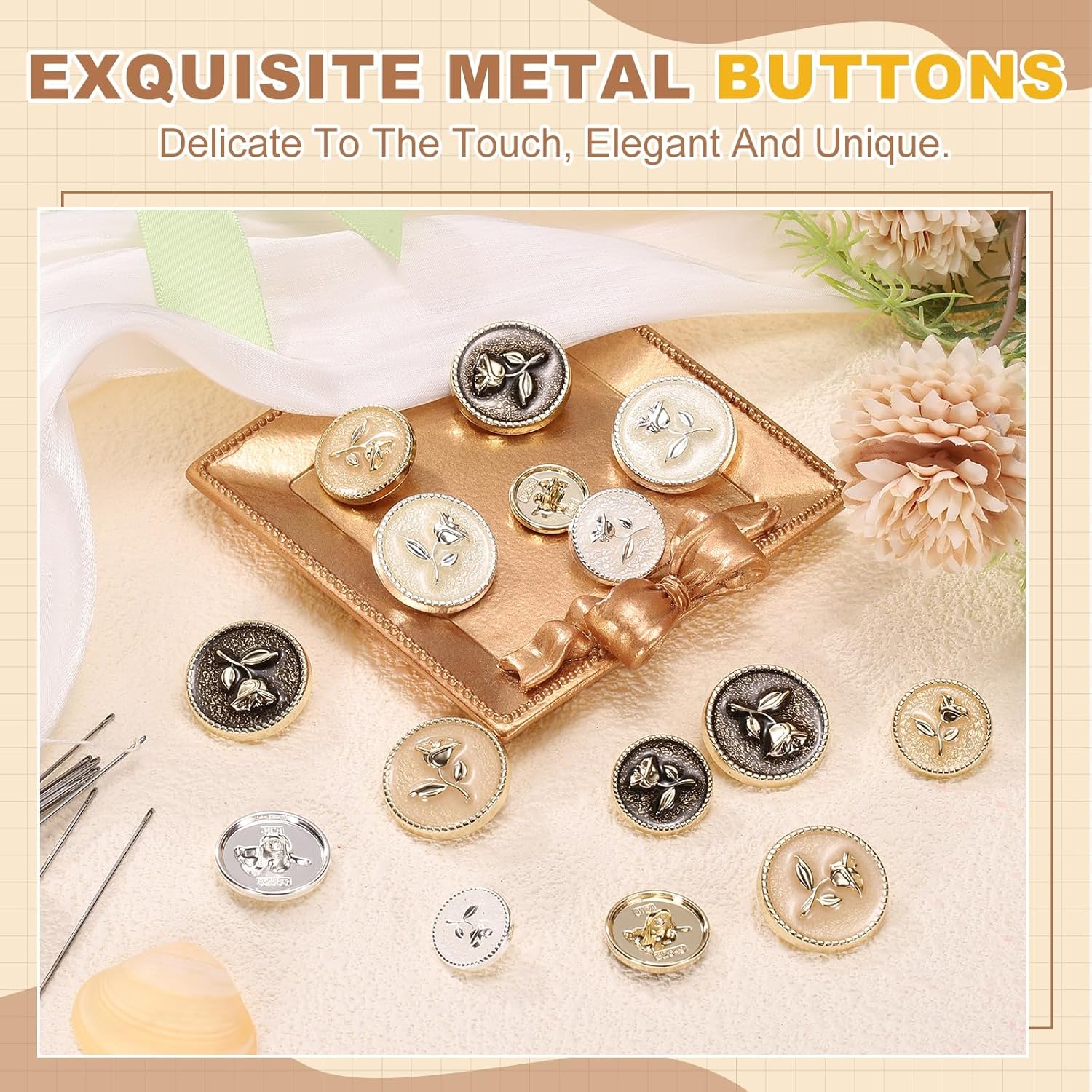 uxcell 10pcs Metal Shank Button, 15mm/0.59" Vintage Round Tulip Flower Button Decorative Sewing Buttons Elegant for Coat Suit Cardigan Sewing DIY Crafts, Gold - Image 4