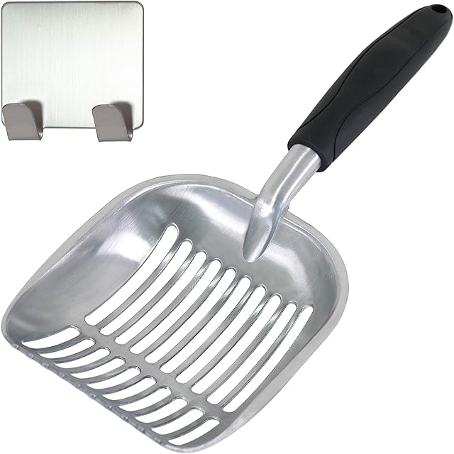 The Red Process Cat Litter Scoop, Deep and Strong Metal Sifter, Easy to Clean Pet Poop with Long Solid Black Handle for Cat and Dog Complete with Hanger
