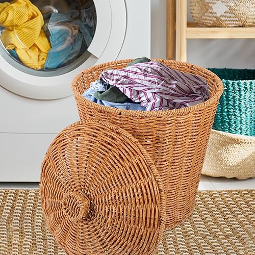 Miniatura 4 de BESTOYARD Cubo de basura de mimbre con tapa en el dormitorio, cubo de basura de 4 galones en la oficina, cesta de basura tejida de mimbre de 11 x 9