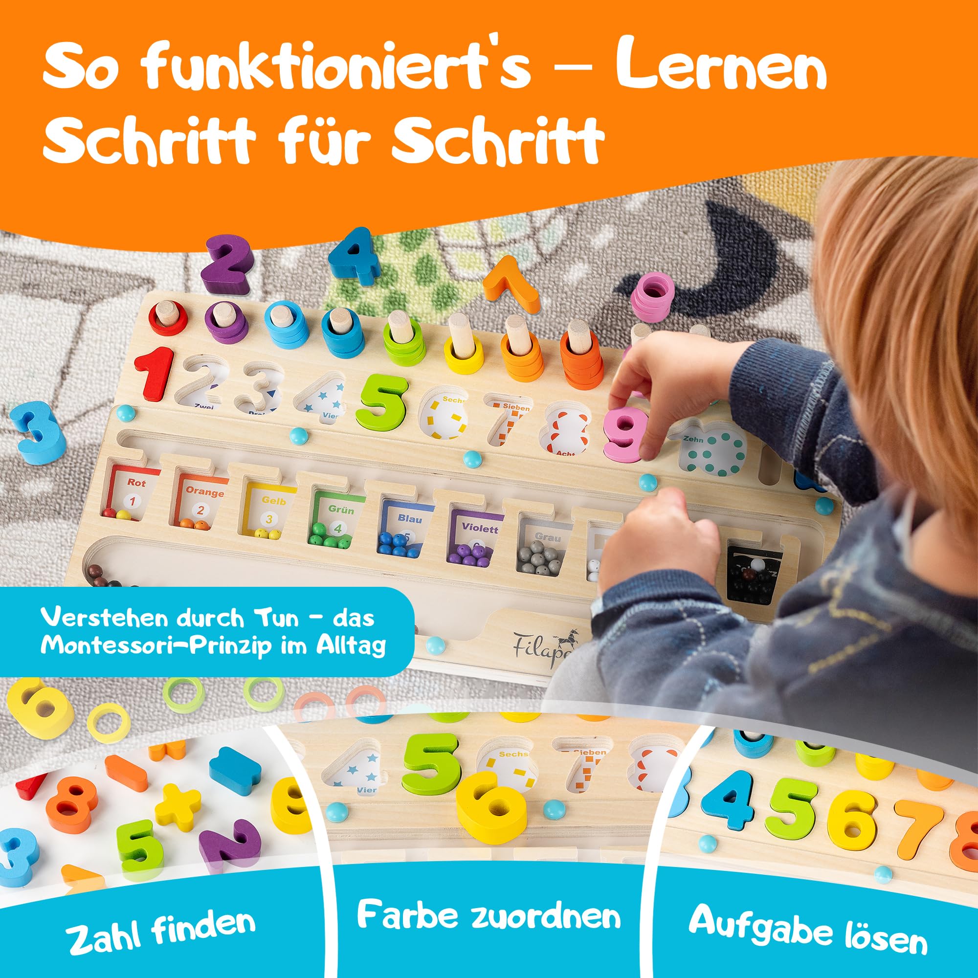 Filapen® Montessori zabawka od 3 lat, edukacyjna zabawka motoryczna, nauka kolorów i liczb, gra magnetyczna z drewna