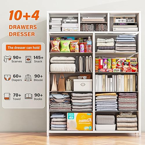 Miniatura 3 de EnHomee Cómoda, Cómoda Blanca para Dormitorio con 14 Cajones Profundos, Cómodas para Dormitorio de Niñas, Parte Superior de Madera, Marco de Metal