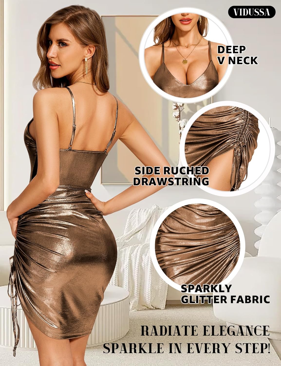 VIDUSSA Glitter Sparkly Dresses for Women - Spaghetti Strap V Neck Metallic Dress Ruched Bodycon Midi Cocktail Party Dress - Image 4