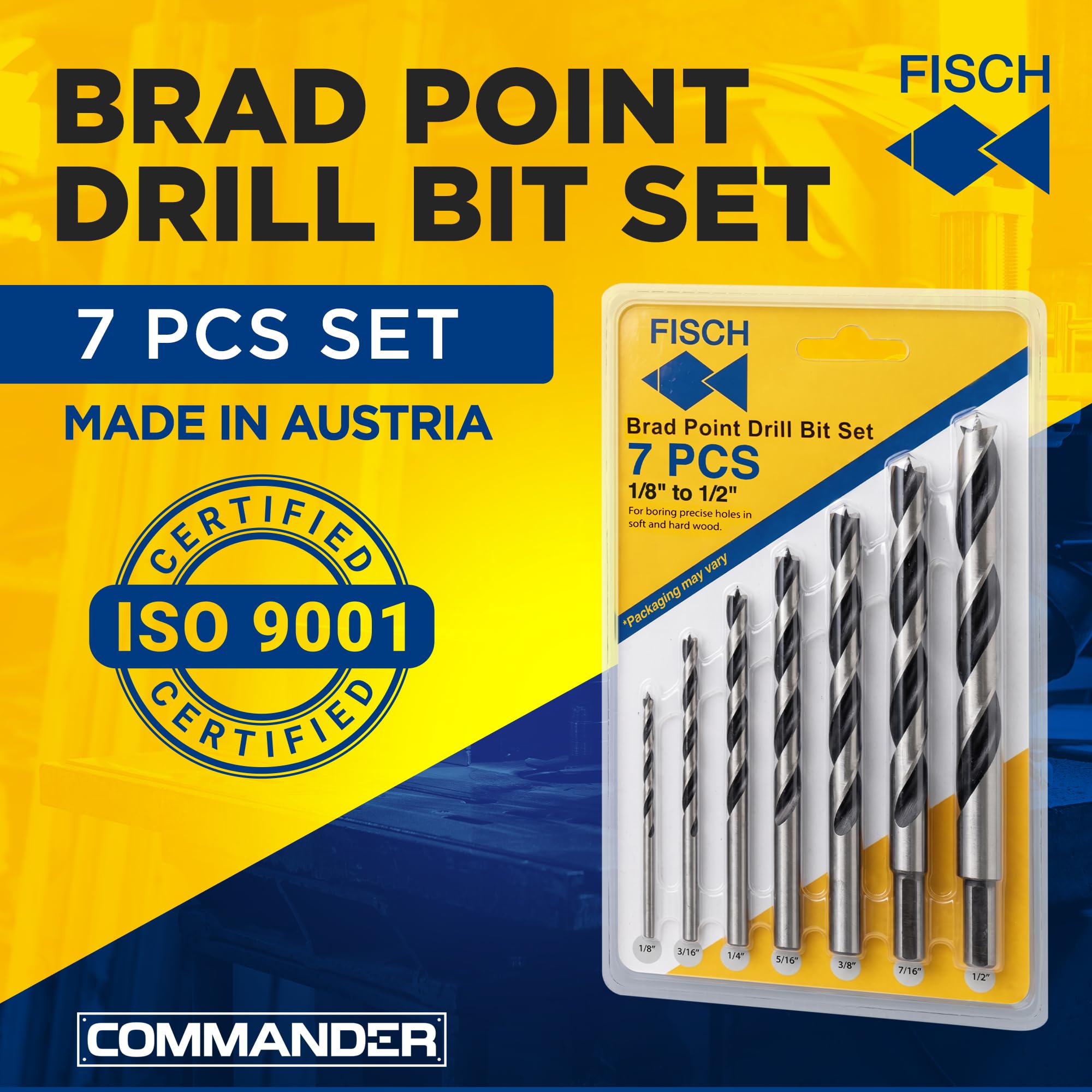 Fisch Fsf-320791 - Set di 7 punte per trapano Brad Pt, in cromo vanadio, 1/8, 3/16, 1/4, 5/16, 3/8, 7/16 e 1/2" (01200007K01)