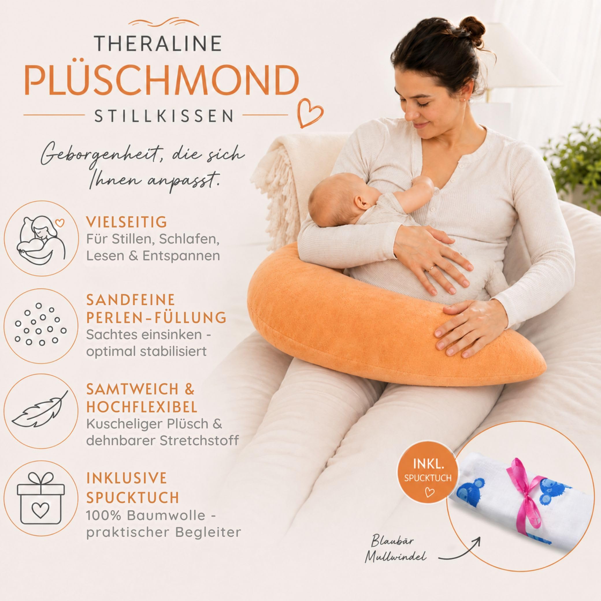 Set Theraline Plüschmond Stillkissen, Bauchstützkissen & Spucktuch Blaubär | Schmusekissen und Lesekissen | Kopf- und Nackenkissen | kein Rascheln durch Perlen | gefüllt mit Perlen