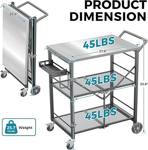 Vista 23 de Ciokea Carrito plegable para parrilla al aire libre con ruedas, mesa de parrilla de 3 estantes con parte superior de acero inoxidable de 27 x 18