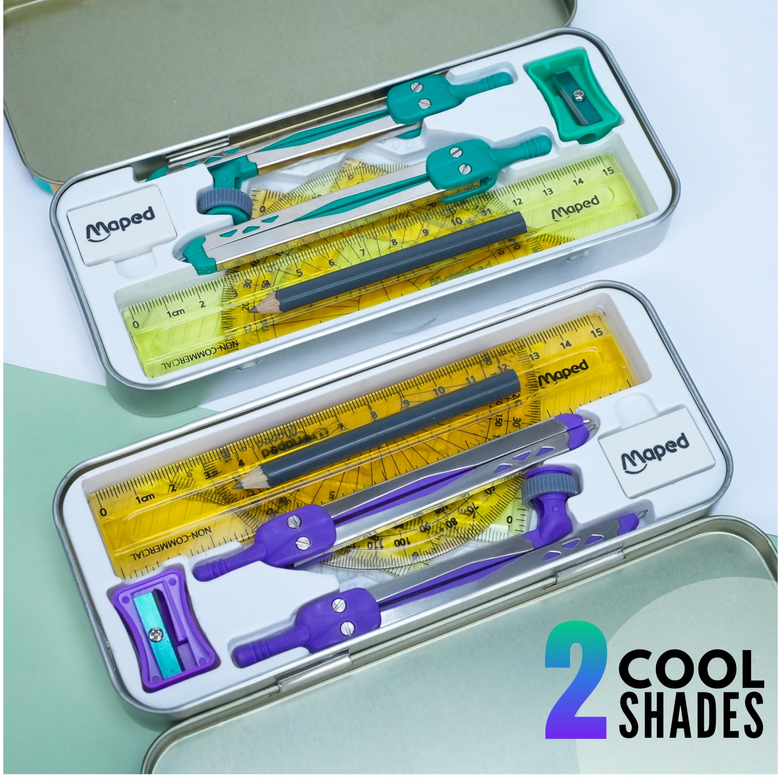 Maped StudyMate - Set di 3 compasso, 9 pezzi, con portablocco in MDF color pastello e penna stilografica, set completo di studio per esami scolastici e studenti, ideale per disegnare, redigere e