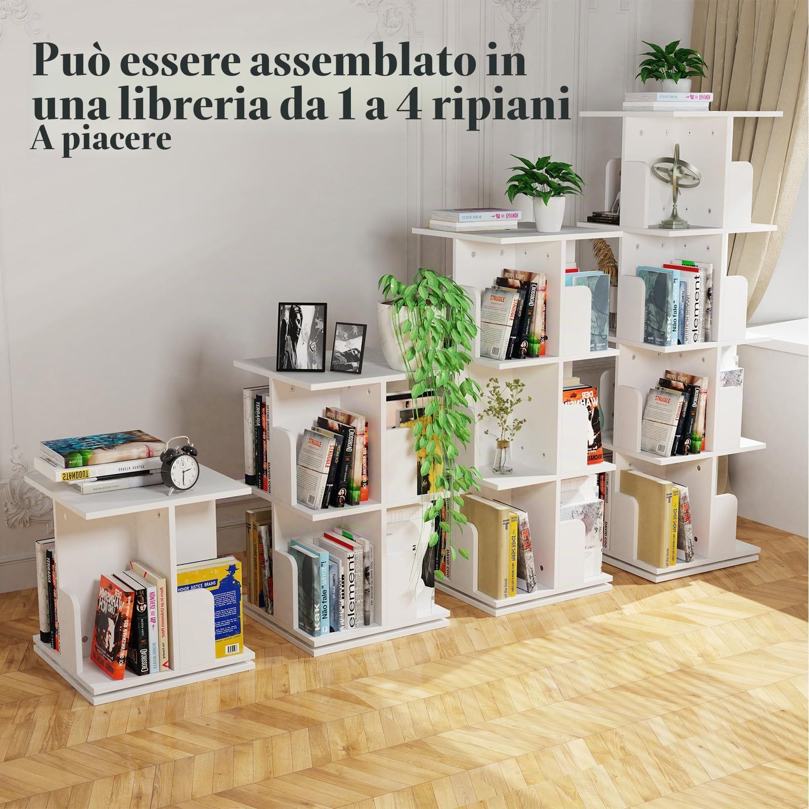 Libreria Girevole, Scaffale, Libreria Girevole 360 Gradi, 4 Livelli 16 Scomparti, Verticale, per Soggiorno, Camera da letto, Ufficio, Bianca 40x40x130cm