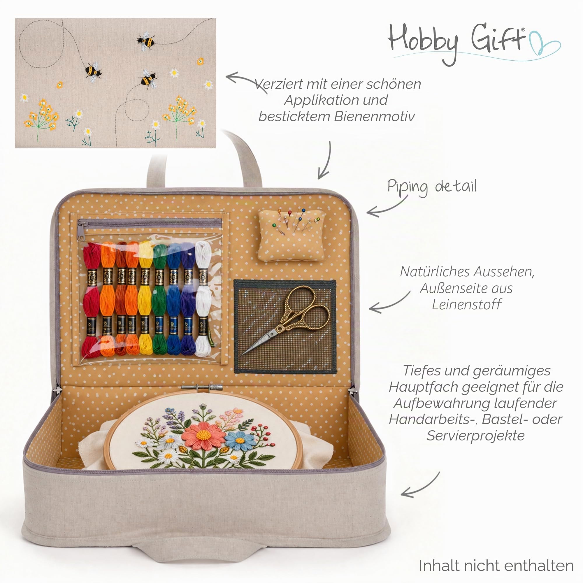 Hobby Gift Bastel-Nähprojekt-Koffer aus 100% Baumwolle, groß, 10,5 x 40,5 x 28 cm, Leinen Biene