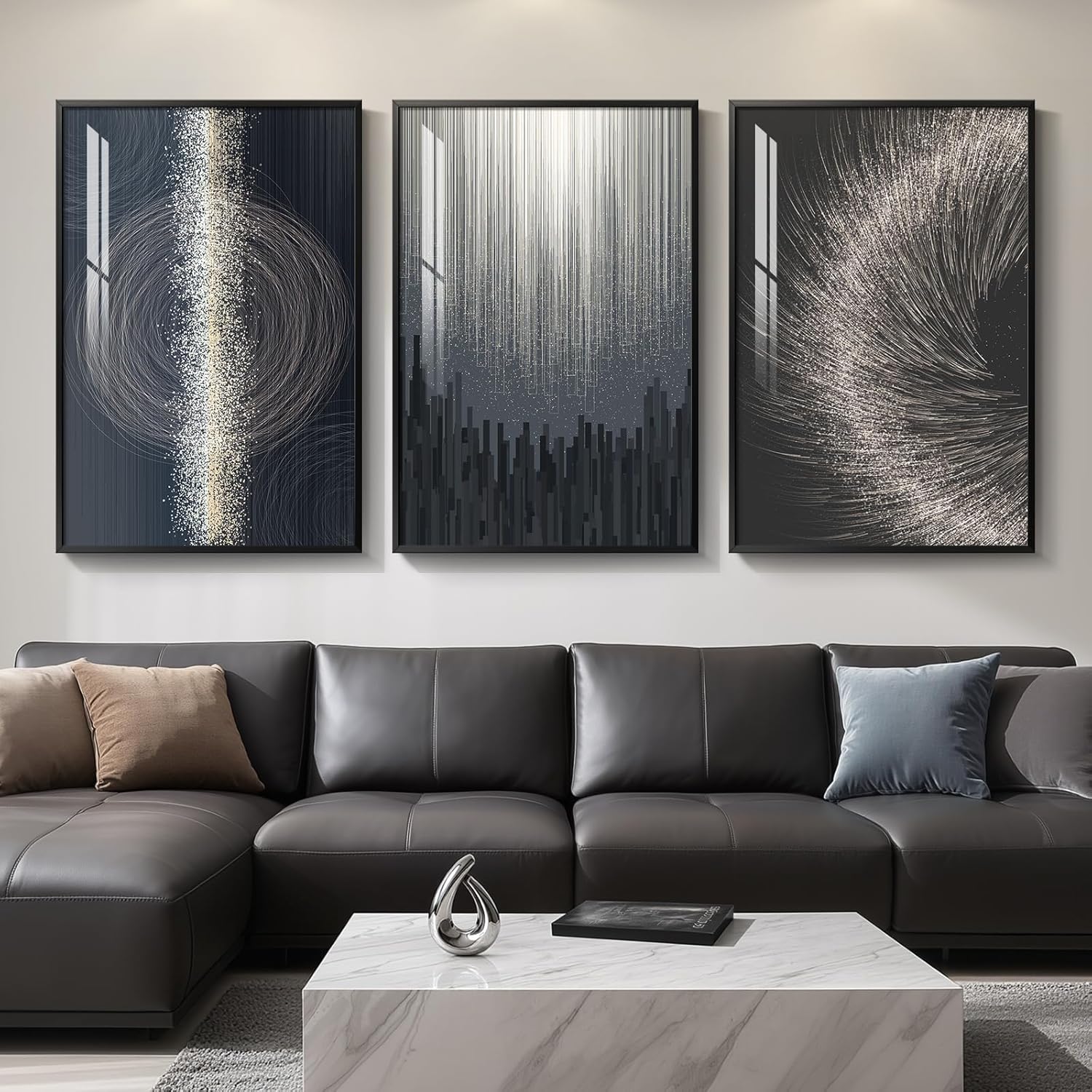 Large Framed Black Silver Modern Abstract Wall Art for Living Room, 3 Piece Elegant Luxury Art Prints Paintings Artwork for Walls, Glitter Pictures for Entryway Dining Room Bedroom Wall Decor 24x36 In