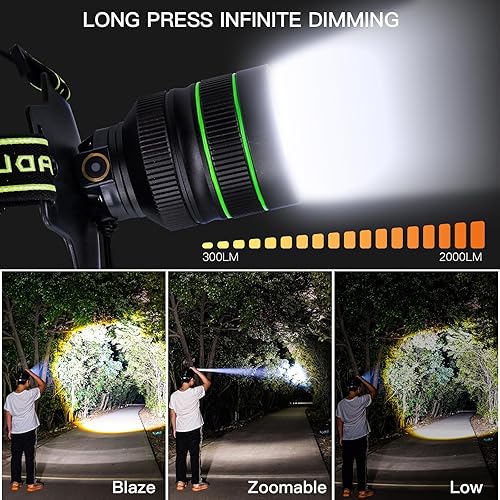 Miniatura 3 de Linterna frontal recargable LED súper brillante de 2000 lúmenes, lámpara de cabeza con zoom con 5 modos de iluminación, ajustable a 90 e impermeable