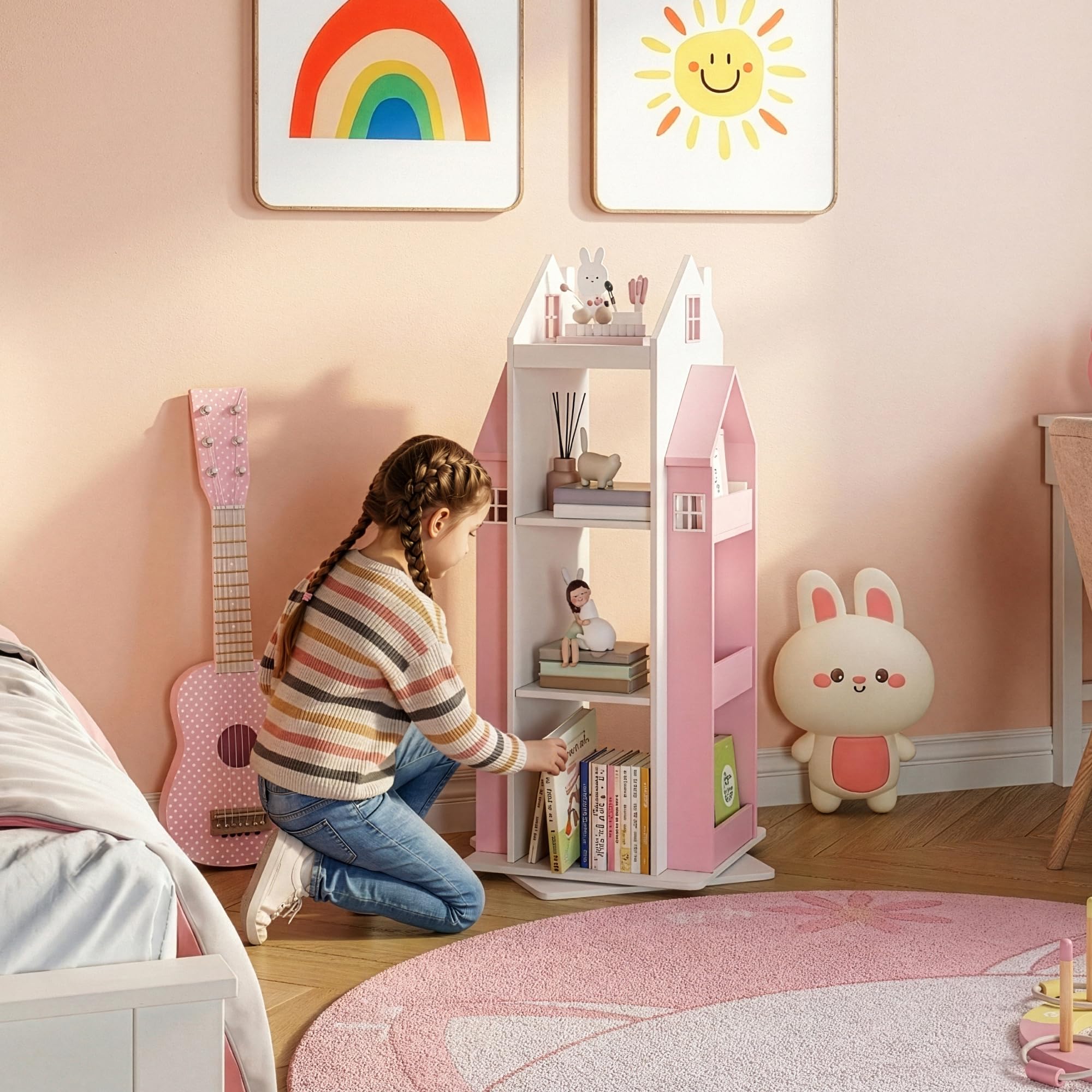 [en.casa] Scaffale Girevole per Cameretta a Forma di Casetta Libreria Rotante per Bambini con Ripiani e Porta Libri Laterali 108x40x40 cm Rosa/Bianco
