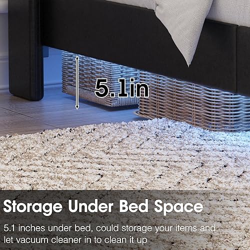 Miniatura 7 de Base de cama flotante tamaño Queen con luces LED, plataforma tapizada de piel sintética con estación de carga y almacenamiento de cabecera copetuda