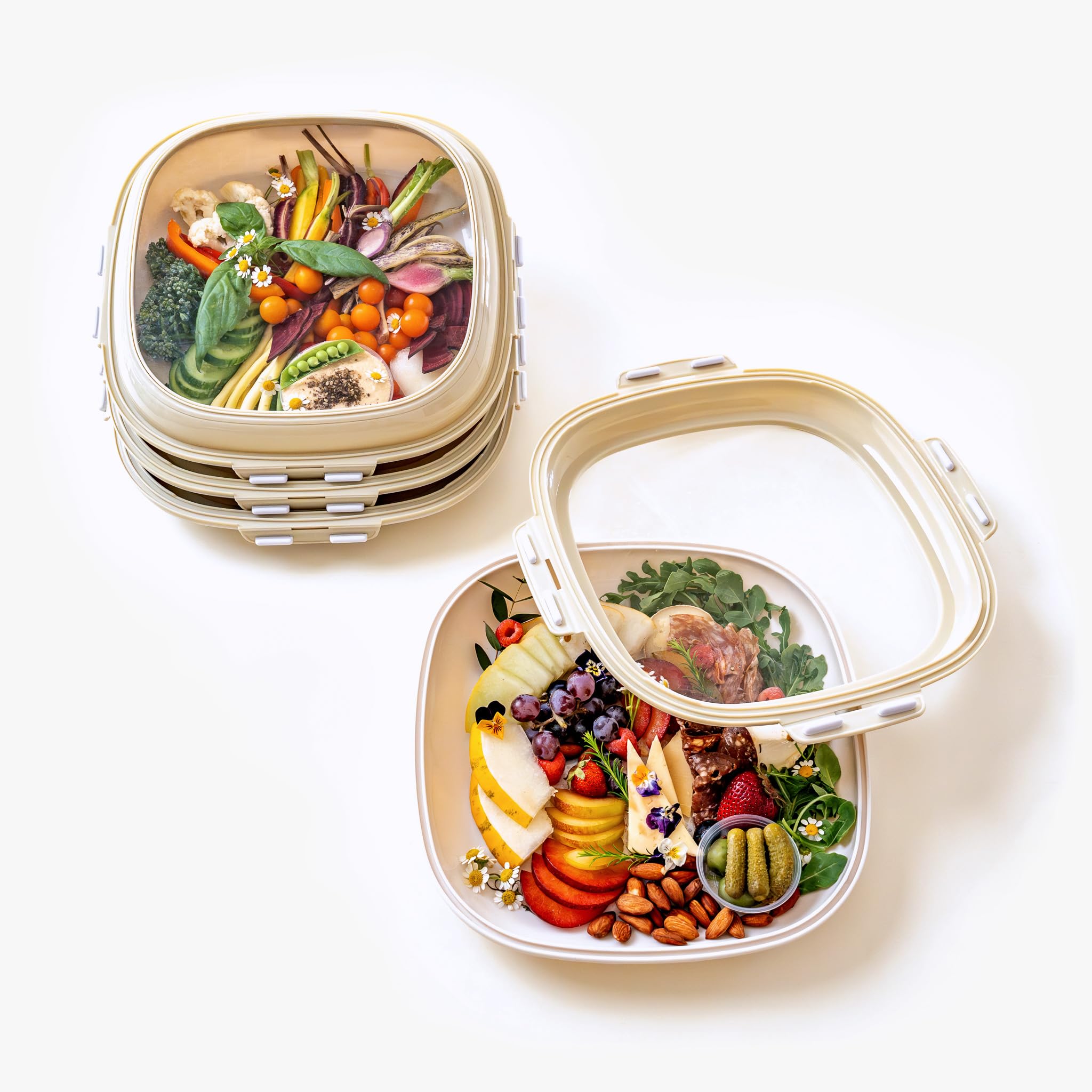 Crudités 4-Pack Portable Snack Tray | Food Containers with Reversible Stretch Lid | BPA-Free, Reusable, Freezer & Dishwasher Safe | Meal-Prep, Charcuterie, Salads, Picnic, Travel