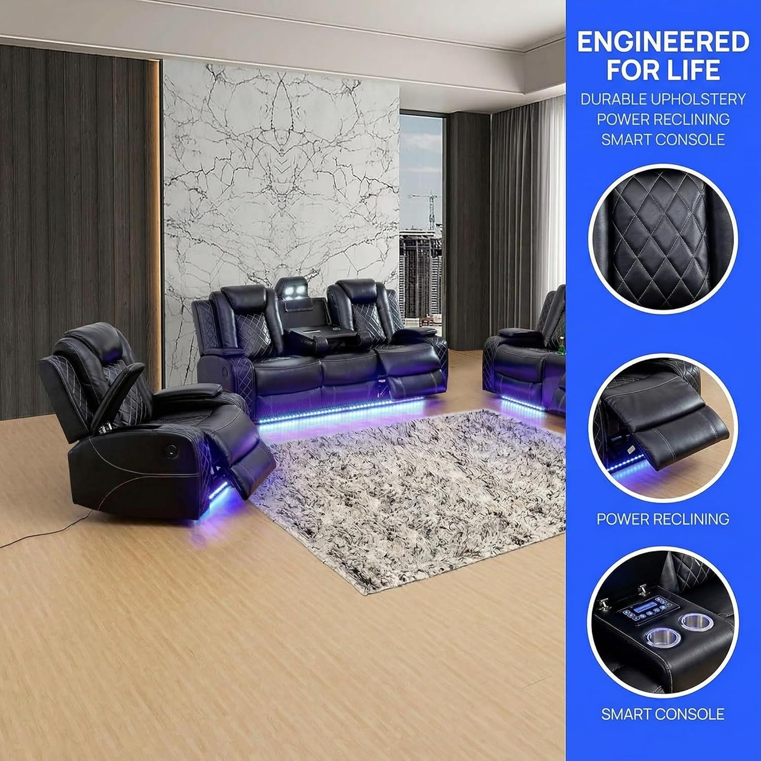 Oversized Modular Sectional Sofa,Leather Sectional Couch with Recliner,Sectional Couches for Living Room, Leather Reclining Sectional with Wireless Charging, LED Lights & Hidden Storage, Black