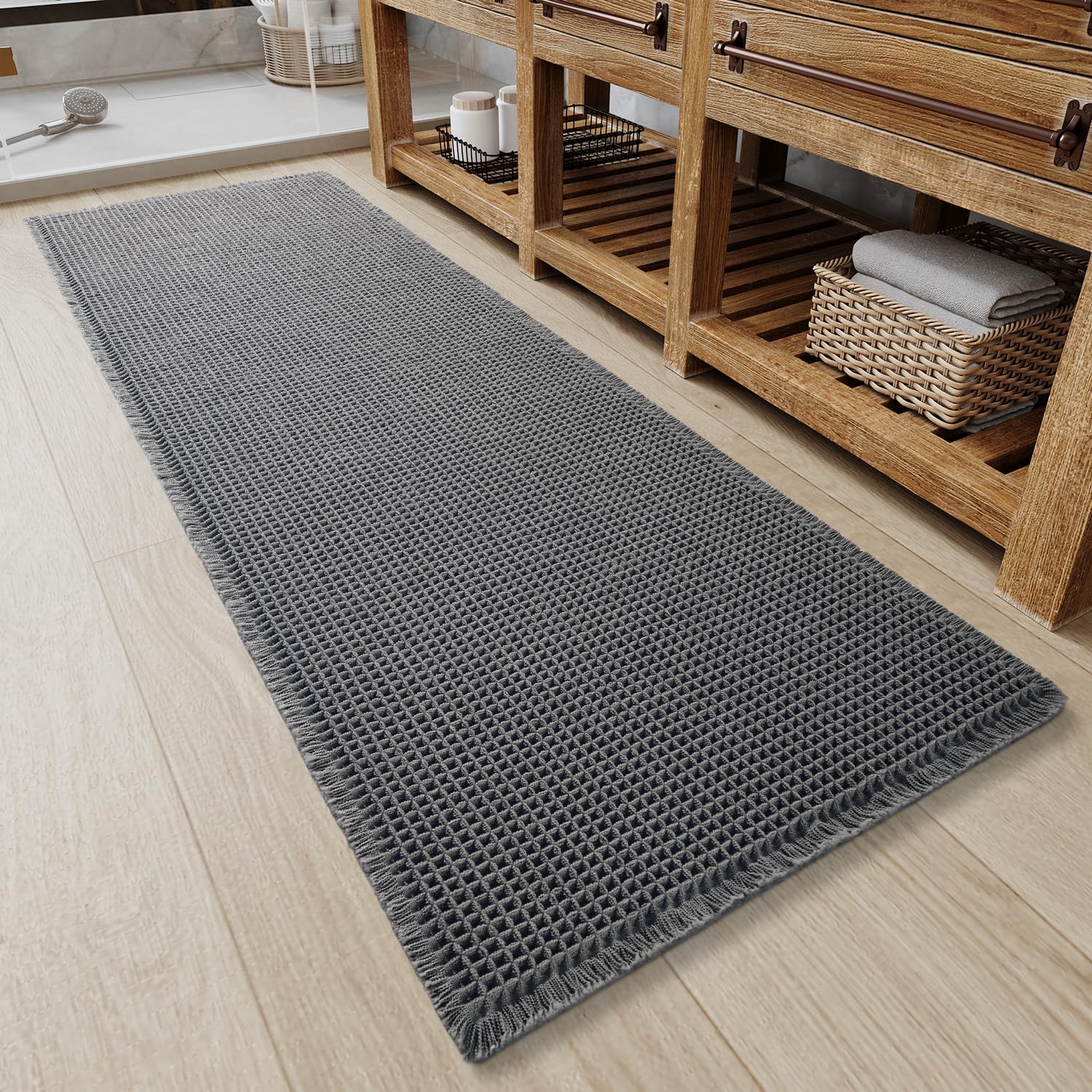 Upgraded Waffle Bath Mat Non Slip Super Absorbent Quick Dry Bath Mats for Bathroom Floor Machine Washable Bathroom Mat Ultra Soft Boho Bathroom Rugs with Tassels Beside Tub, 17" x 24", Brown — view 23