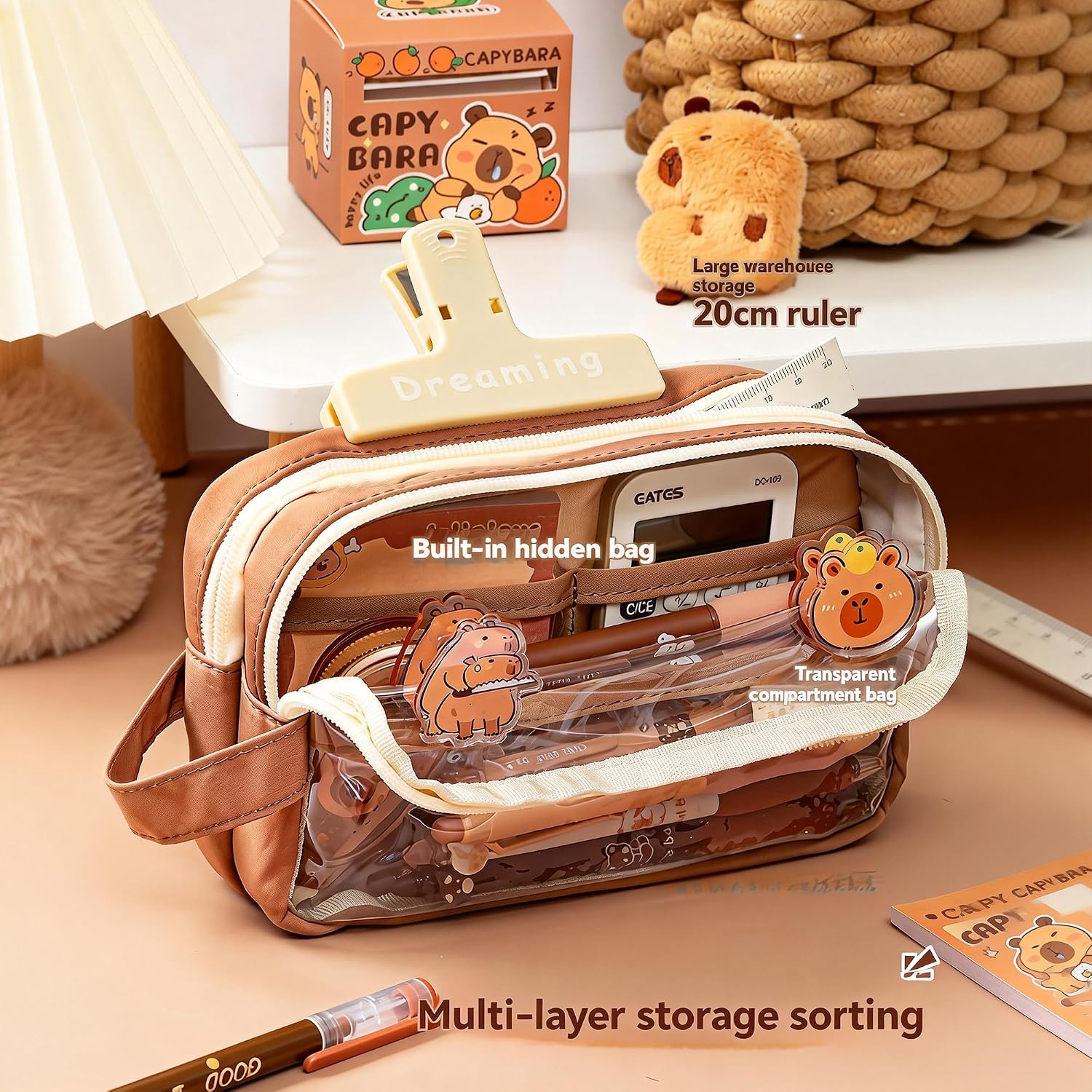 Large Capacity Clear Pencil Case, Waterproof Multi-Layer Pencil Pouch with Capybara Plush and Stickers,Office Supplies Desk Organizer, Big Pen Case for Adults, Cosmetic Bag Travel Stationery Holder