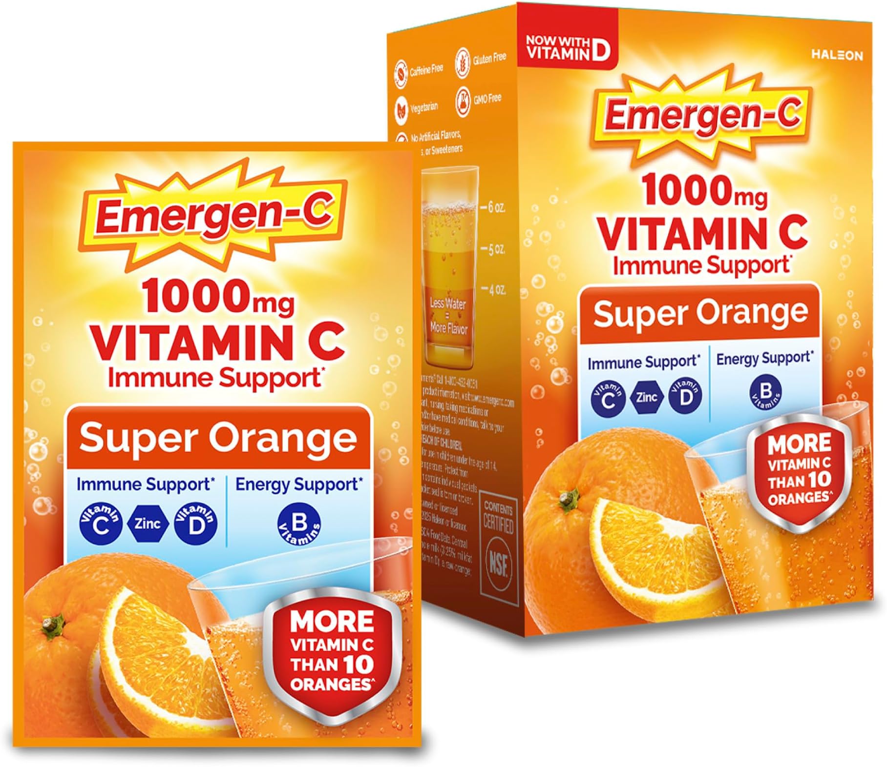 1000mg Vitamin C Immune Support Powder Super Orange 10CT includes Zinc, Manganese, 7 B Vitamins and Electrolytes for Back to School Essentials
