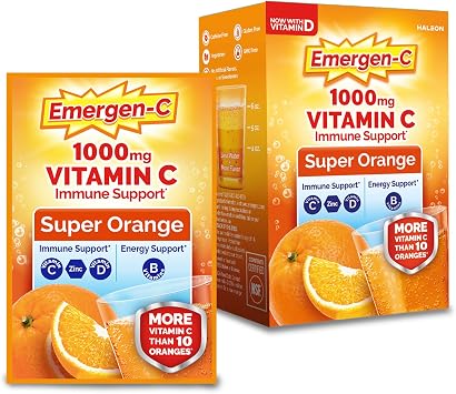 Emergen-C 1000mg Vitamin C Immune Support Powder Super Orange 10CT includes Zinc, Manganese, 7 B Vitamins and Electrolytes for Back to School Essentials
