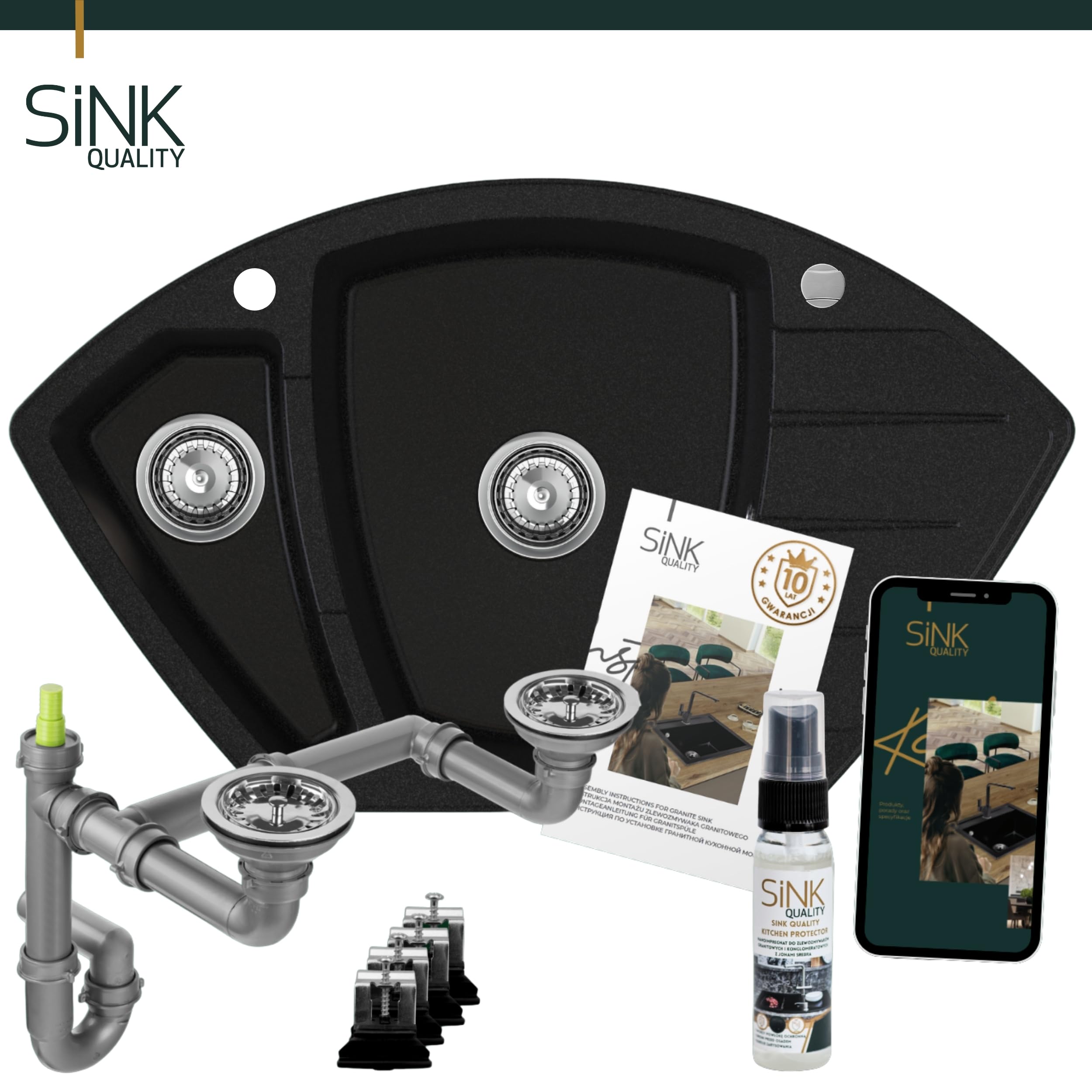 SINK Quality Eckspüle aus Granit 90x54 cm - Graphit – 1,5 Becken Einbauspüle mit Restebecken, Robust & Kratzfest, Inkl. Siphon & Imprägnierung, Küchenspüle ab 70 cm Unterschrank