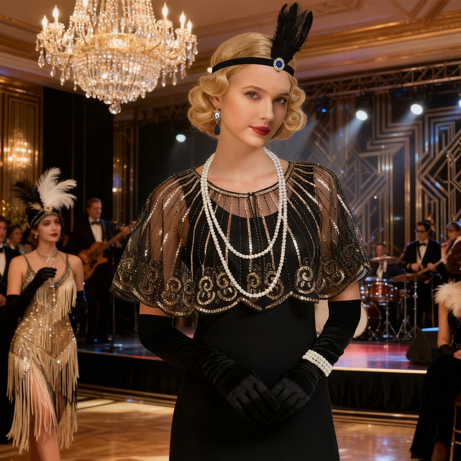 ELECLAND 10 Pièces Années 1920 Flapper Great Gatsby Accessoires Set Mode Roaring 20's Theme Set avec Bandeau Bandeau Long Gants Noirs Collier Boucles d'Oreilles pour Femme