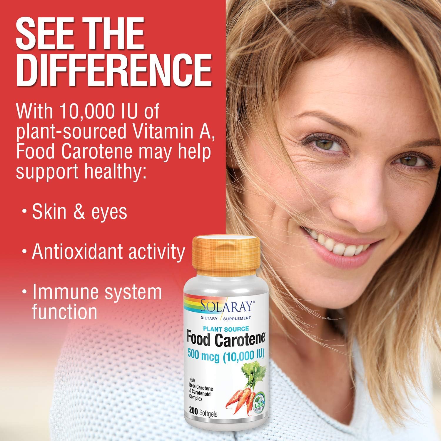 SOLARAY Food Carotene, Vitamin A 10000 IU | Healthy Skin, Eyes, Antioxidant & Immune Support (100 CT)