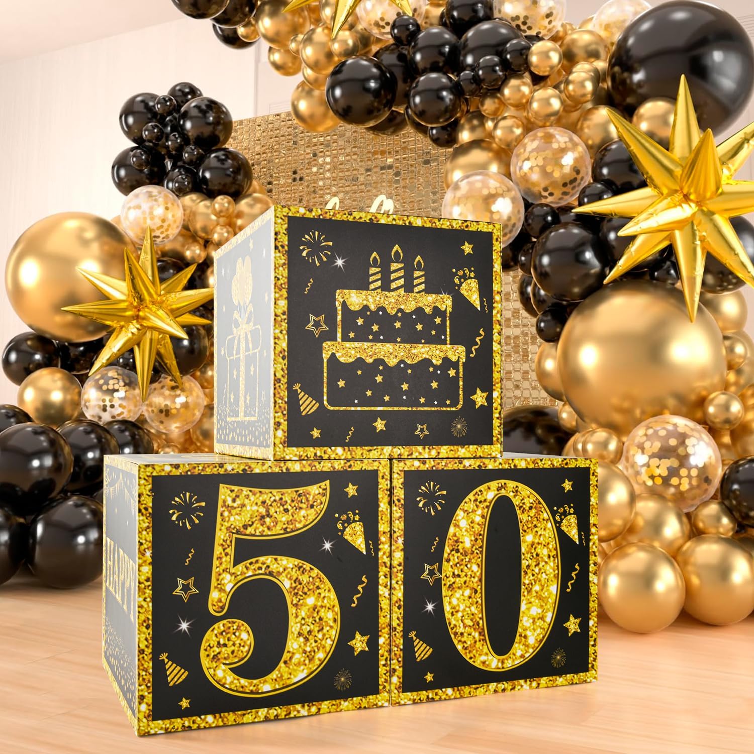 3Pcs 50th Birthday Paper Party Decorations Boxes for Men or Boy- Black Gold Happy 50th Birthday Balloons Boxes,Sixteen Year Old Party Supplies for Men Boy - Image 5