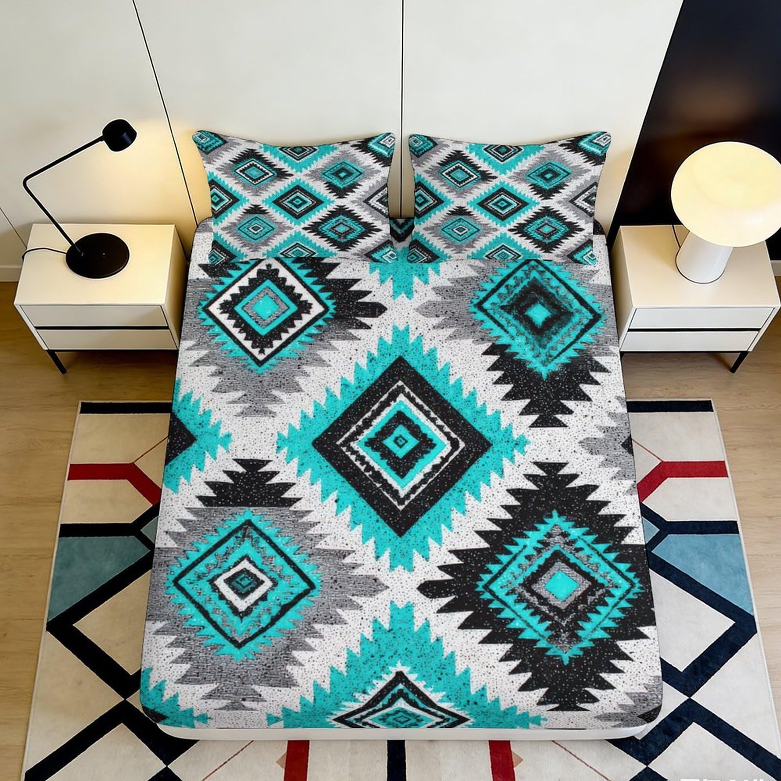 3D Printed Geometric Aztec Fitted Sheet Microfiber Soft Breathable Tribal Diamond Mattress Cover for Bedroom Guest Room 90x200x25cm