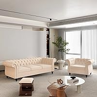 ORRD Velvet Chesterfield 2-Piece Living Room Set: Sofa & Chair with Nailhead Trim, Scroll Arms - Beige Luxury Seating