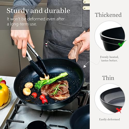 Miniatura 3 de Juego de sartenes antiadherentes con tapas, 3 piezas de 8 pulgadas, 10 pulgadas, 11 pulgadas, sartén antiadherente con tapas de 2 piezas, utensilios