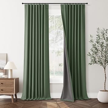 Jowels Olive Green Linen Blackout Curtains 96 Inches Long for Bedroom