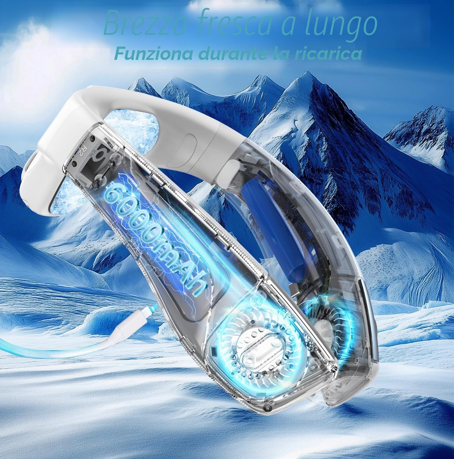 Ventilatore da Collo Portatile con Grande Ghiaccio Piastra di Raffreddamento, Ventilatore Silenzioso 360° Presa d'aria Fredda Posteriore,Condizionatore 6000mAh USB Ricaricabile per Viaggio Uff, Bianco