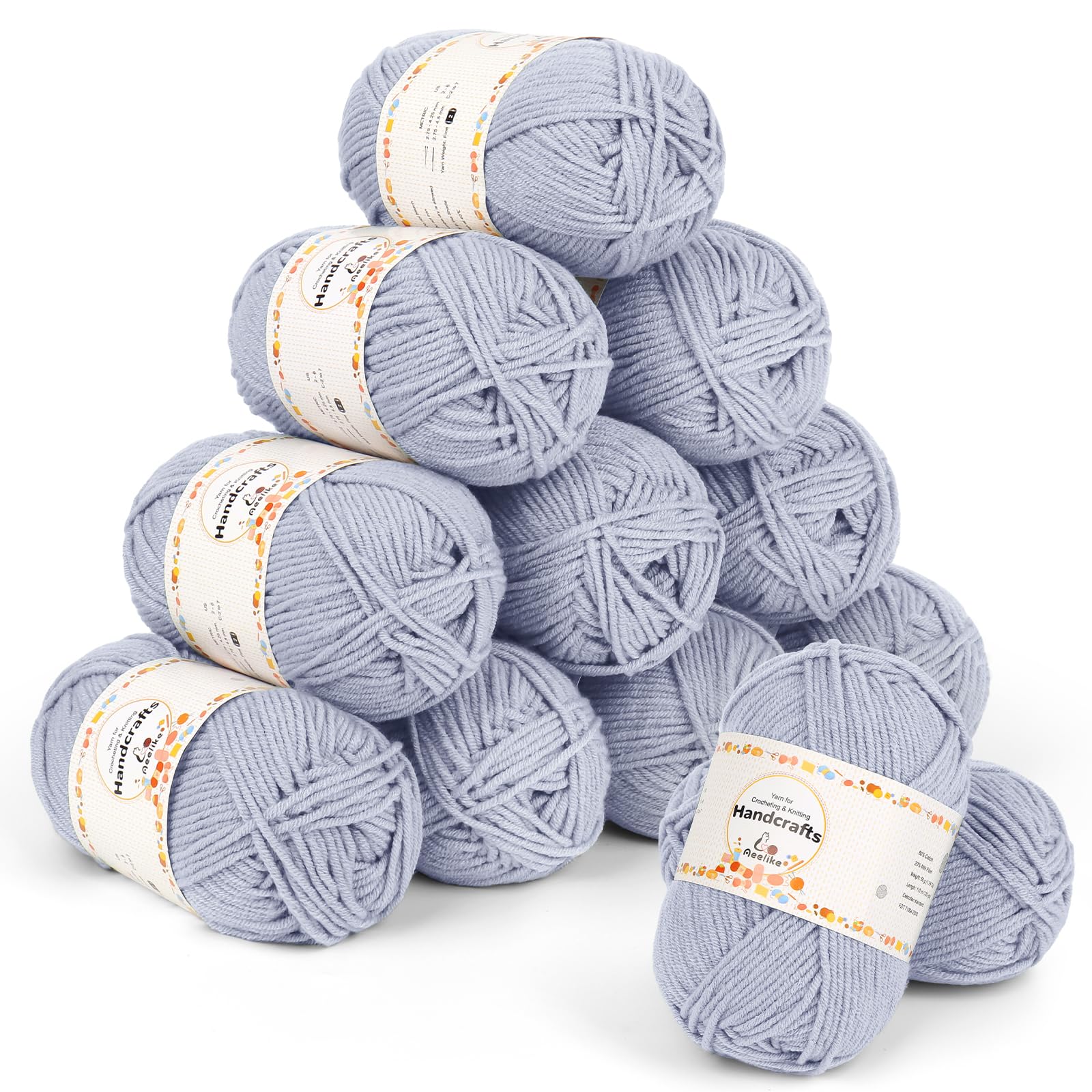 Aeelike 600 g (12 x 50 g) Wool Multicolor 5-Ply Knitting Wool Made of Acrylic, Ultra-Soft Yarn for Crocheting and Knitting, Polyacrylic Crochet Yarn for Hats, Sweaters, Light Blue Gray