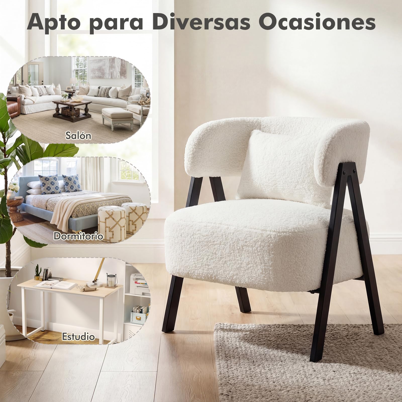 COSTWAY Butaca de Salón Tapizado en Imitación Conejo Suave, Sillón con Cojín Lumbar y Patas de Metal, Silla Estilo Escandinavo para Lectura, Sofá Individual de Ocio para Salón, Dormitorio (Blanco)