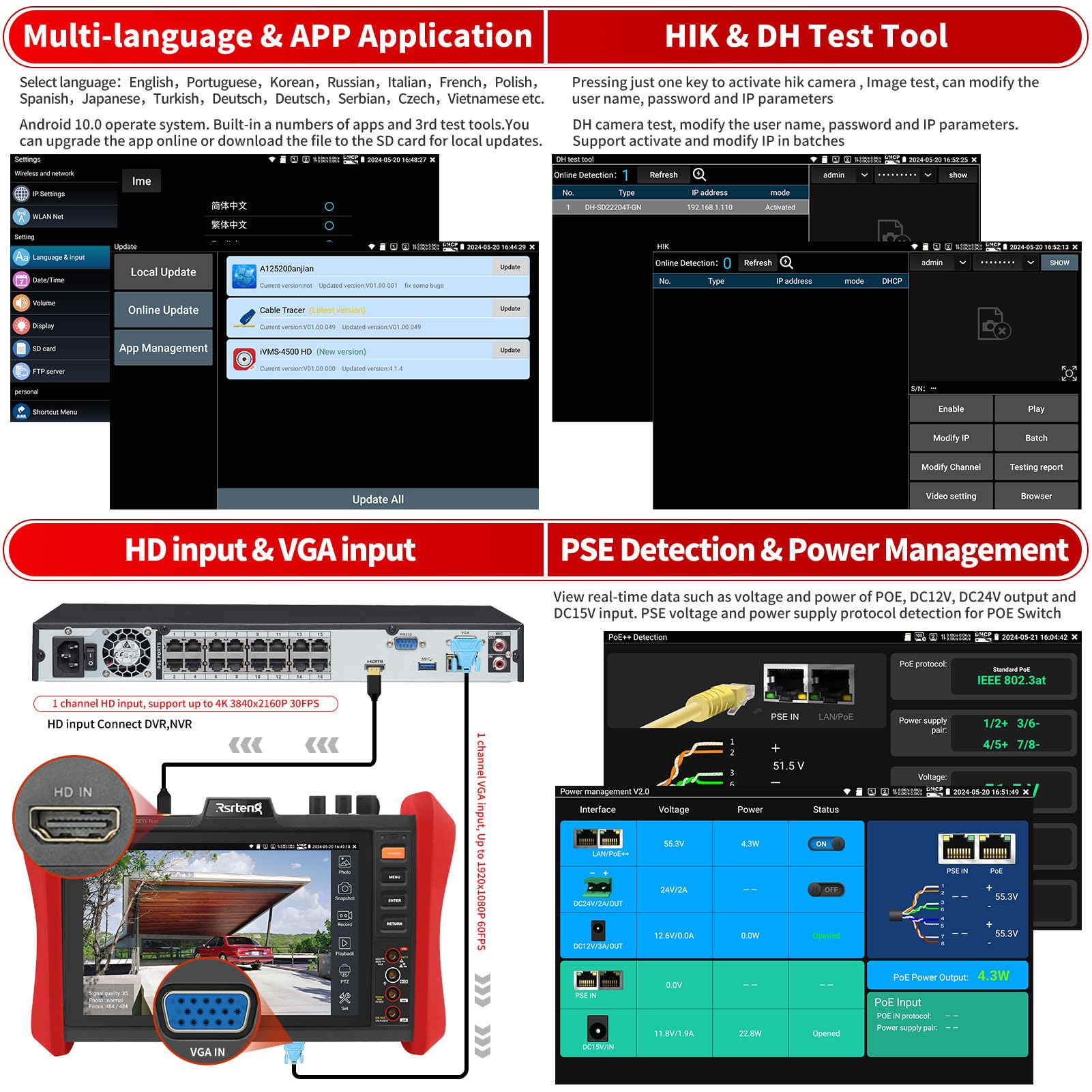 Rsrteng CCTV Tester - 4K IP Camera & POE Tester -8