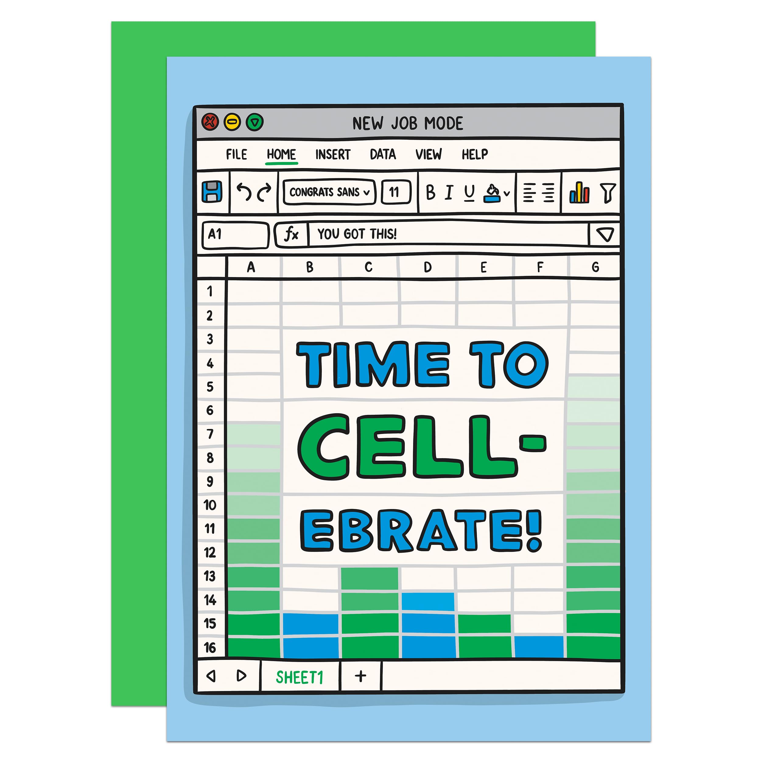 Funny New Job Card, Promotion Congratulations, Excel Spreadsheet Pun, Time To Cell-ebrate, New Career, Work Colleague Leaving