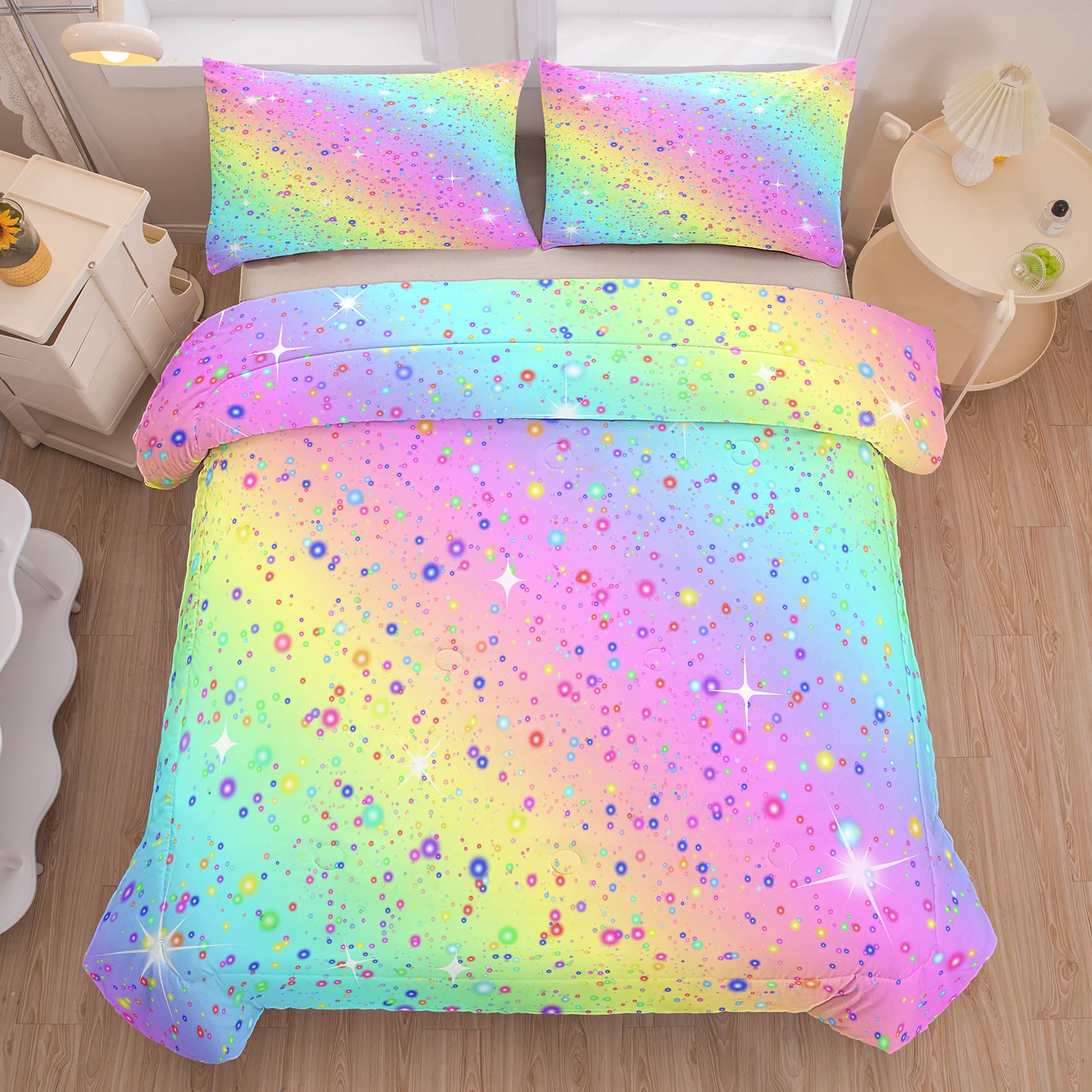 Mädchen-Bettwäsche-Set 6-teilig – Regenbogen, Flauschig, Mikrofaser, Für Doppelbett, Mit Glitzer